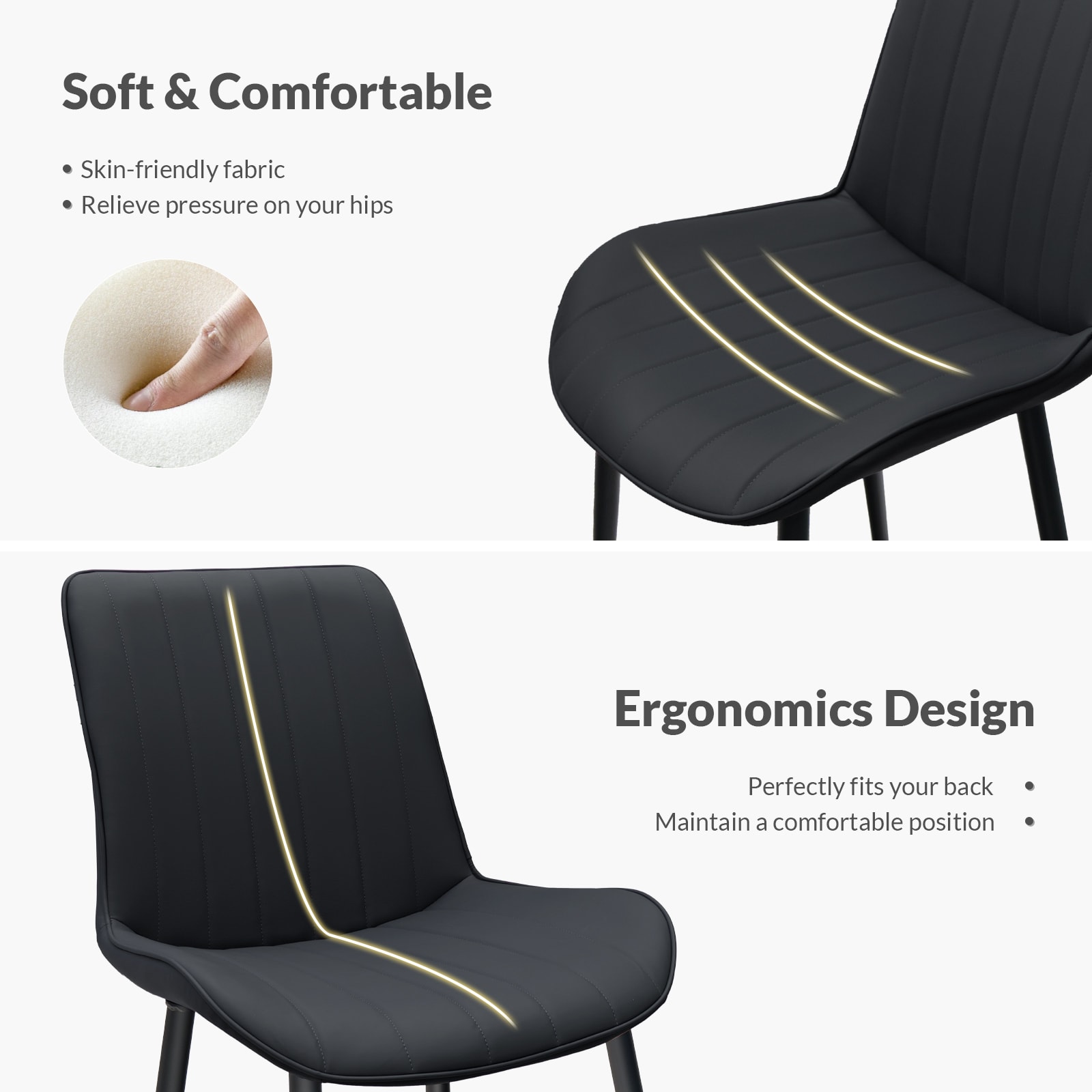 Black PU Leather Dining Chair with Metal Legs, Wave Pattern Upholstered Armless Chair Set of 4 for Kitchen, Restaurant, Living, Meeting Room